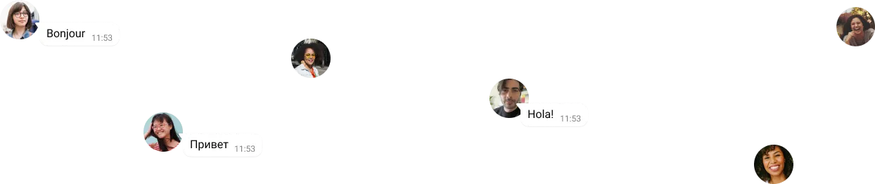 多个文字气泡，用不同语言写着你好，还有一些个人用户头像